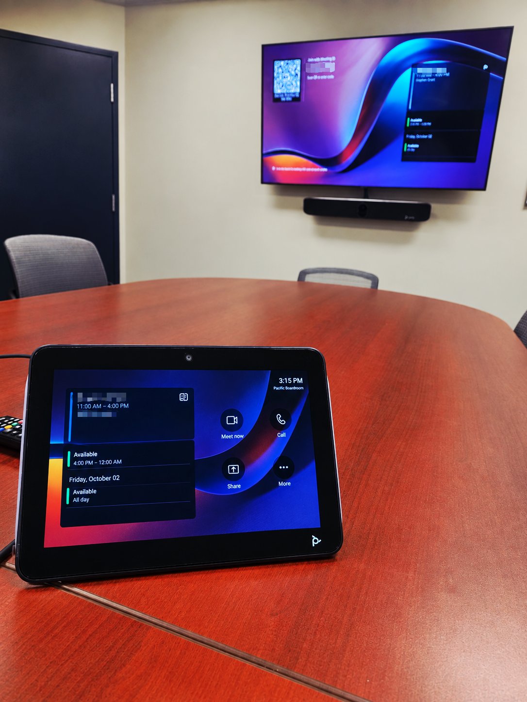 Poly TC10 touch controller running Microsoft Teams Rooms in an Ottawa boardroom